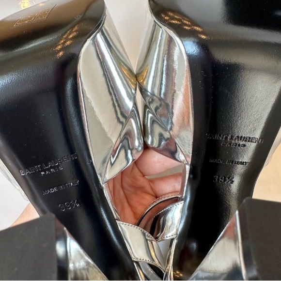 NWT SAINT LAURENT Jodie Metallic 135 Patent Leather Platform Sandals Silver 39.5 - Picture 11 of 15